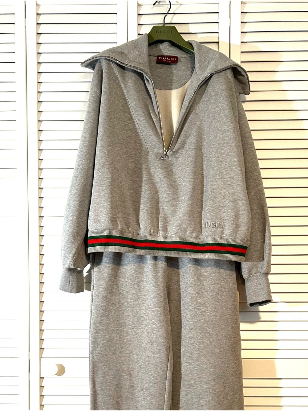 Gucci Gray Hooded Half-Zip Sweatshirt and Joggers with Green-Red Trim
